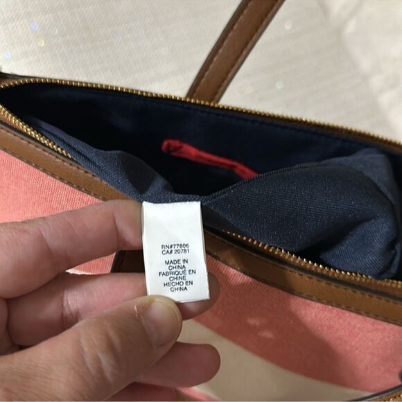 TH Ivory Coral Pink Brown Canvas Stripe Faux Leather Trim Medium Tote Handbag - Picture 9 of 15